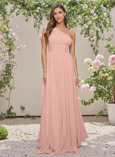 Elegant Ruched One-Shoulder A-Line Sweep Train Chiffon Bridesmaid Dresses