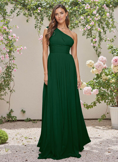Elegant Ruched One-Shoulder A-Line Sweep Train Chiffon Bridesmaid Dresses