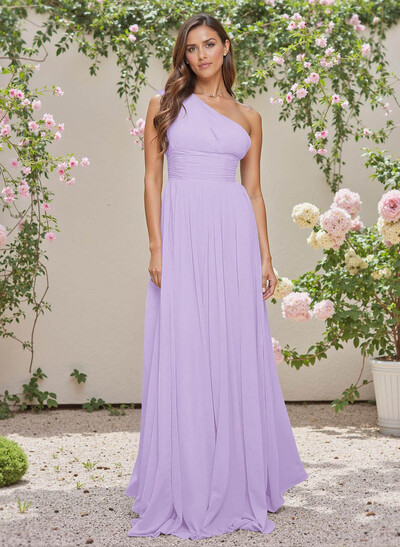 Elegant Ruched One-Shoulder A-Line Sweep Train Chiffon Bridesmaid Dresses