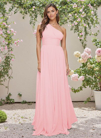 Elegant Ruched One-Shoulder A-Line Sweep Train Chiffon Bridesmaid Dresses