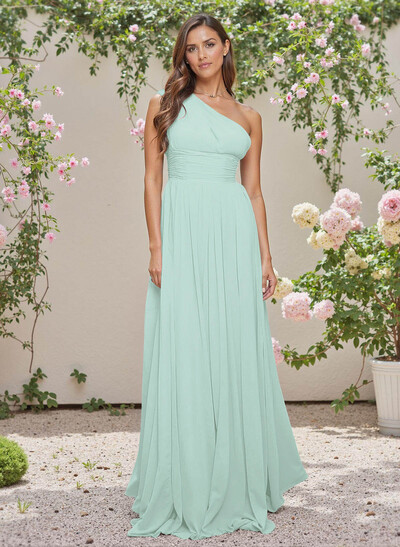 Elegant Ruched One-Shoulder A-Line Sweep Train Chiffon Bridesmaid Dresses