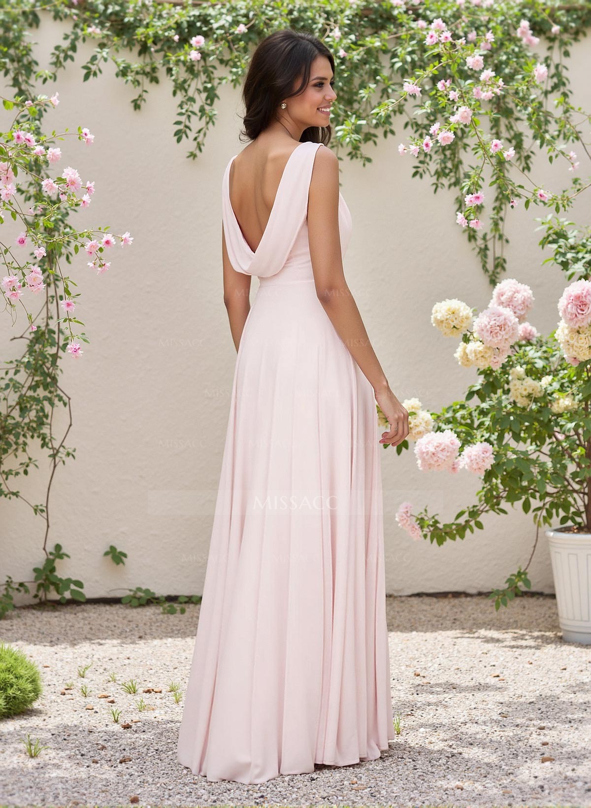 Elegant Cowl Neck Cowl Back Floor-Length A-Line Chiffon Bridesmaid Dresses