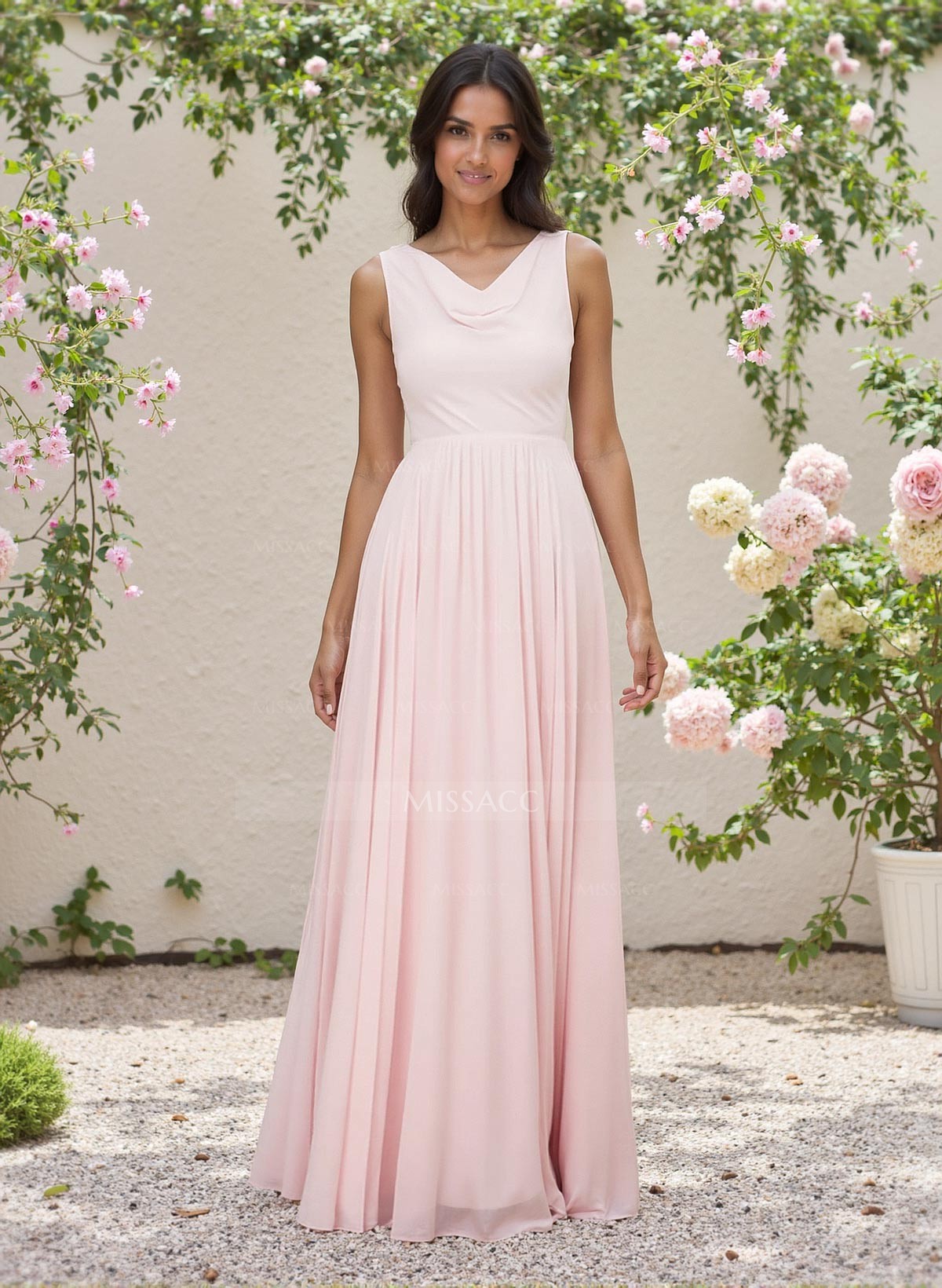 Elegant Cowl Neck Cowl Back Floor-Length A-Line Chiffon Bridesmaid Dresses