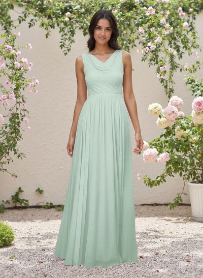 Elegant Cowl Neck Cowl Back Floor-Length A-Line Chiffon Bridesmaid Dresses