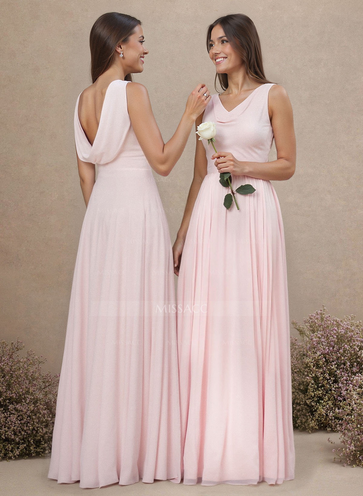 Elegant Cowl Neck Cowl Back Floor-Length A-Line Chiffon Bridesmaid Dresses