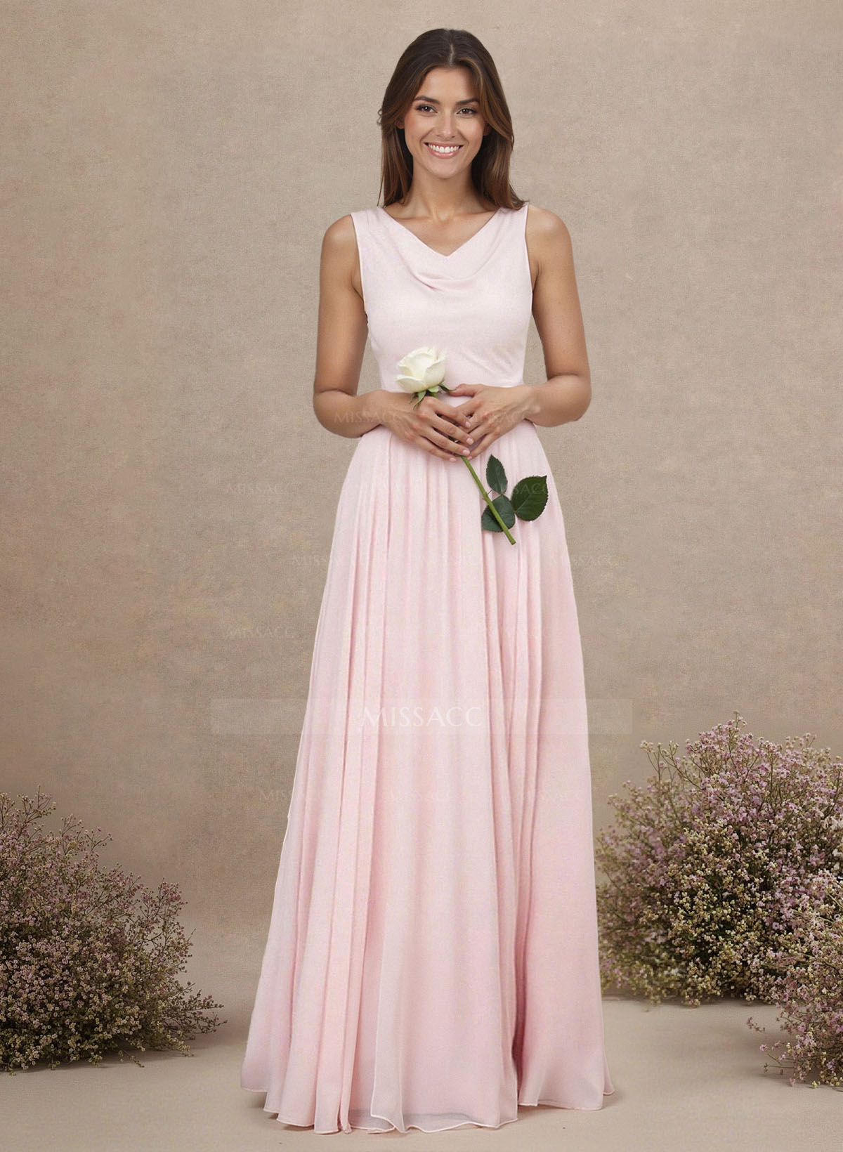Elegant Cowl Neck Cowl Back Floor-Length A-Line Chiffon Bridesmaid Dresses