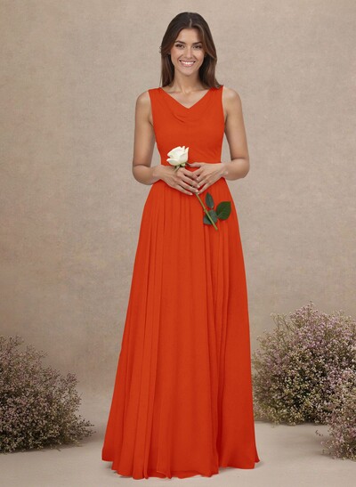 Elegant Cowl Neck Cowl Back Floor-Length A-Line Chiffon Bridesmaid Dresses