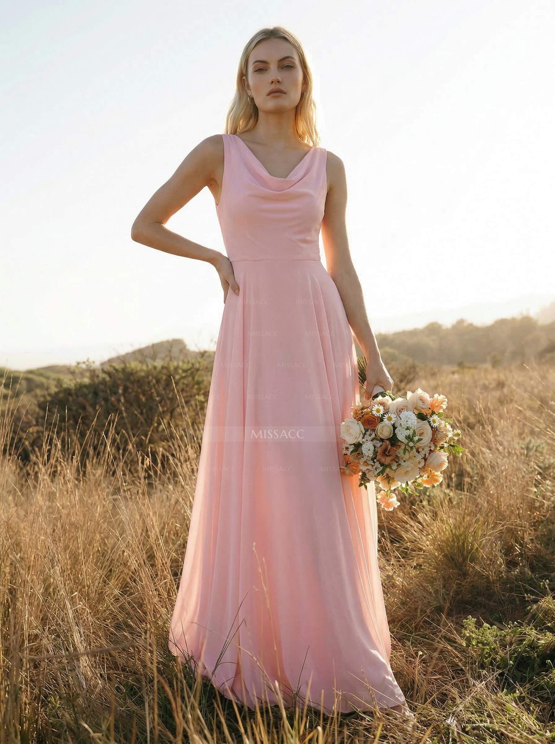Elegant Cowl Neck Cowl Back Floor-Length A-Line Chiffon Bridesmaid Dresses