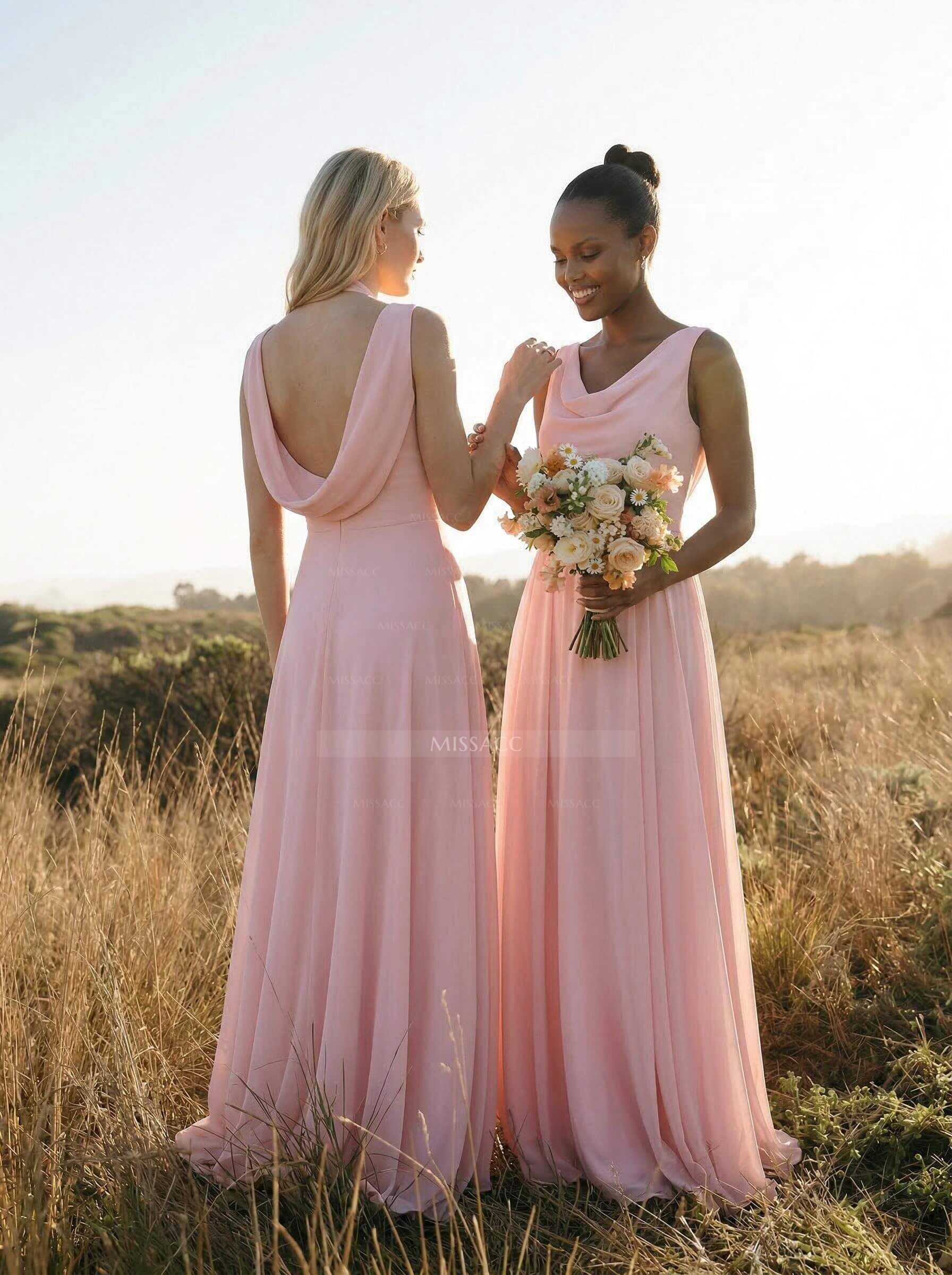 Elegant Cowl Neck Cowl Back Floor-Length A-Line Chiffon Bridesmaid Dresses