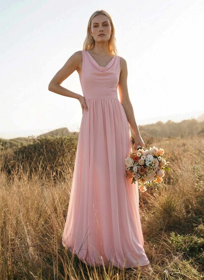 Elegant Cowl Neck Cowl Back Floor-Length A-Line Chiffon Bridesmaid Dresses