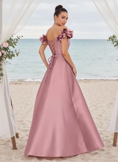 Unique Ruffle Flower(s) Off-The-Shoulder High Split A-Line Satin Bridesmaid Dresses