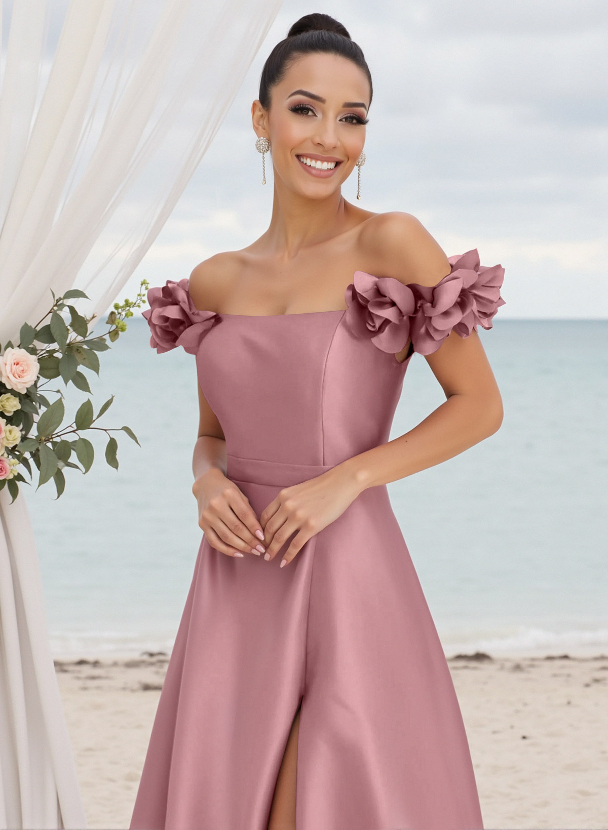 Unique Ruffle Flower(s) Off-The-Shoulder High Split A-Line Satin Bridesmaid Dresses