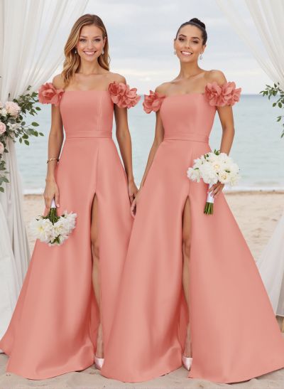 Unique Ruffle Flower(s) Off-The-Shoulder High Split A-Line Satin Bridesmaid Dresses