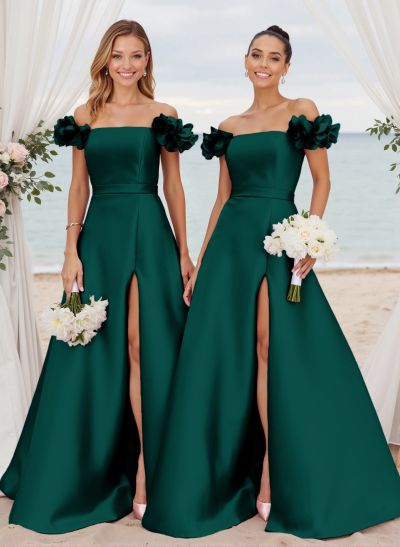 Unique Ruffle Flower(s) Off-The-Shoulder High Split A-Line Satin Bridesmaid Dresses