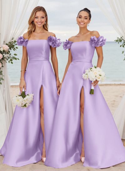 Unique Ruffle Flower(s) Off-The-Shoulder High Split A-Line Satin Bridesmaid Dresses