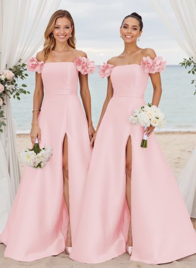 Unique Ruffle Flower(s) Off-The-Shoulder High Split A-Line Satin Bridesmaid Dresses