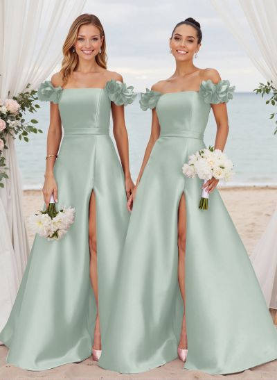 Unique Ruffle Flower(s) Off-The-Shoulder High Split A-Line Satin Bridesmaid Dresses