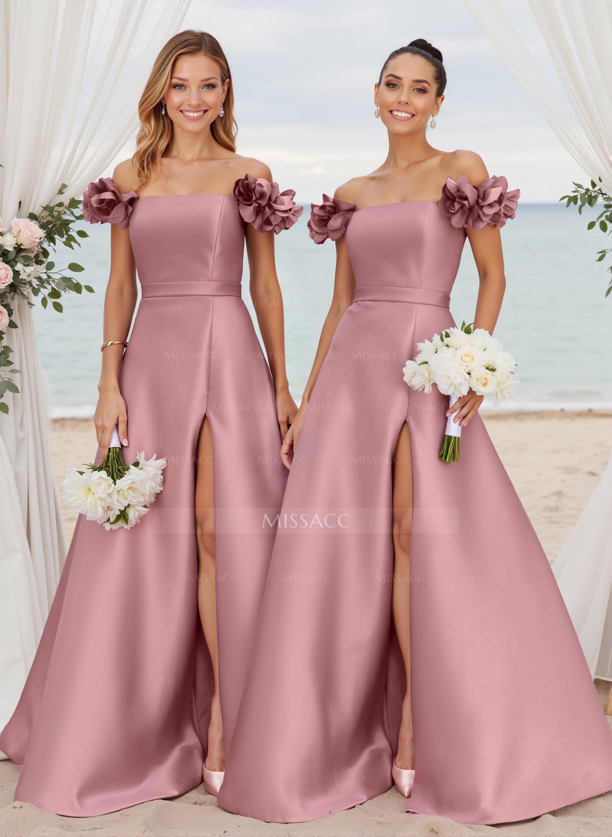 Unique Ruffle Flower(s) Off-The-Shoulder High Split A-Line Satin Bridesmaid Dresses