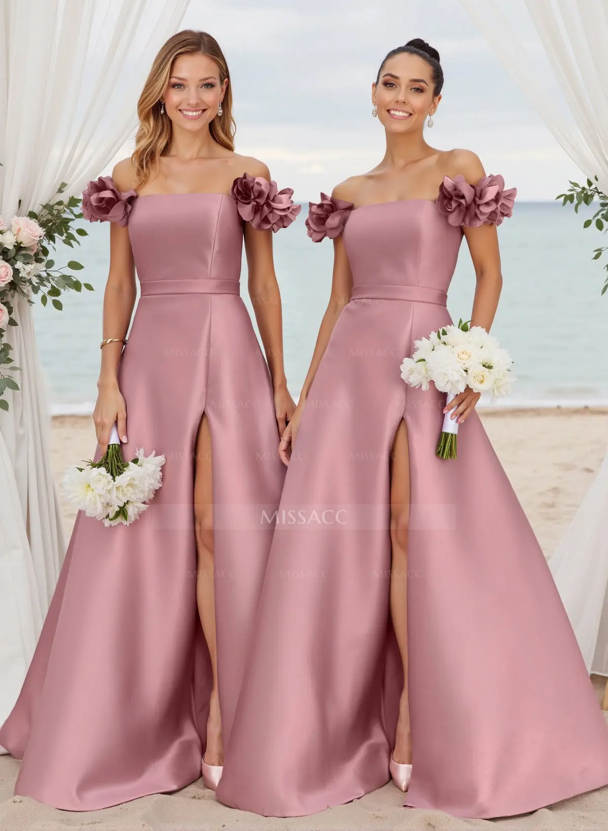 Unique Ruffle Flower(s) Off-The-Shoulder High Split A-Line Satin Bridesmaid Dresses - Missacc Canada Unique Ruffle Flower(s) Off-The-Shoulder High Split A-Line Satin Bridesmaid Dresses - Missacc Canada