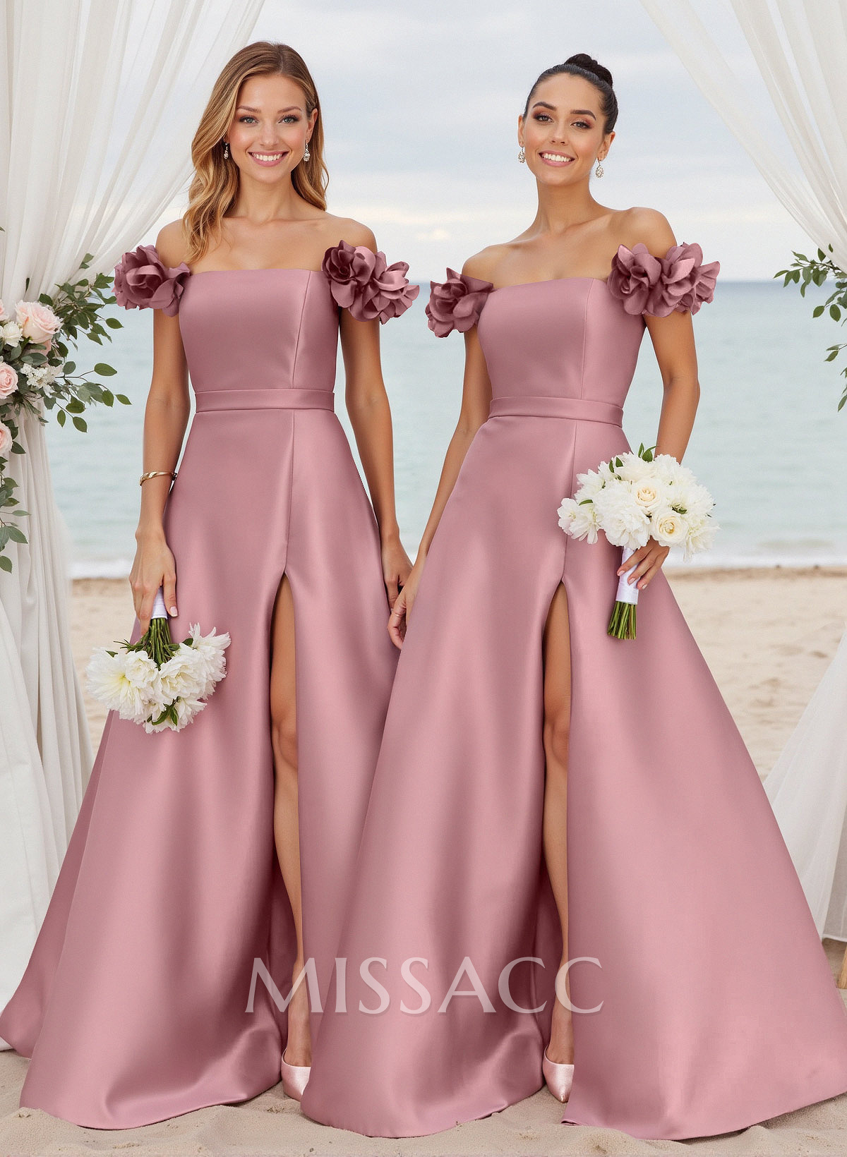 Unique Ruffle Flower(s) Off-The-Shoulder High Split A-Line Satin Bridesmaid Dresses Unique Ruffle Flower(s) Off-The-Shoulder High Split A-Line Satin Bridesmaid Dresses