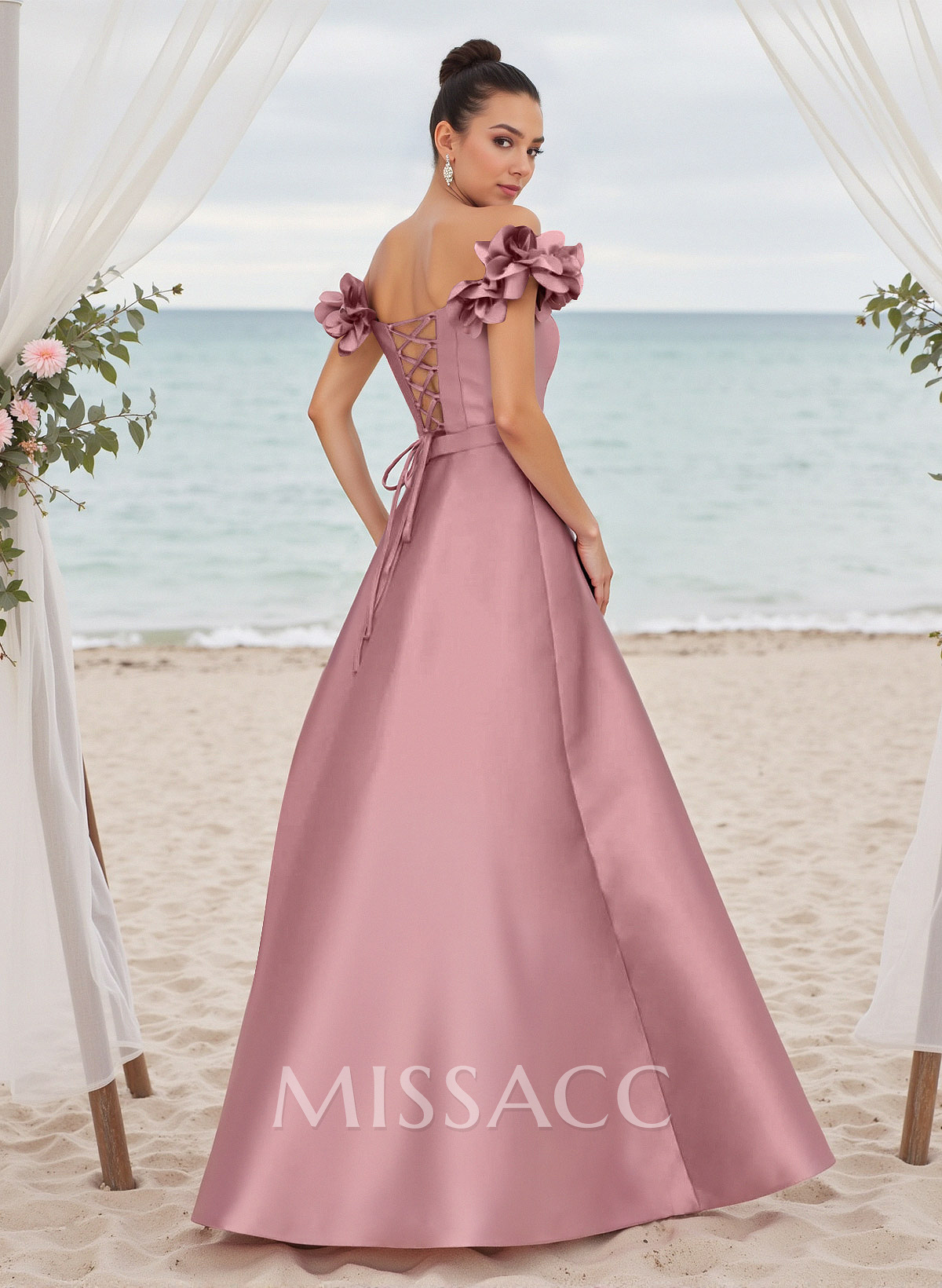 Unique Ruffle Flower(s) Off-The-Shoulder High Split A-Line Satin Bridesmaid Dresses Unique Ruffle Flower(s) Off-The-Shoulder High Split A-Line Satin Bridesmaid Dresses