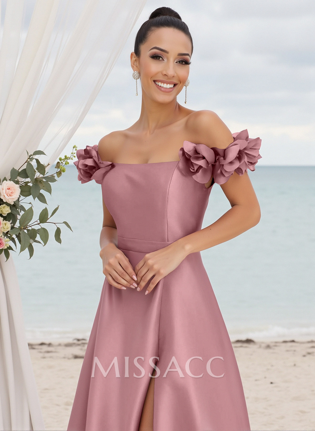 Unique Ruffle Flower(s) Off-The-Shoulder High Split A-Line Satin Bridesmaid Dresses Unique Ruffle Flower(s) Off-The-Shoulder High Split A-Line Satin Bridesmaid Dresses