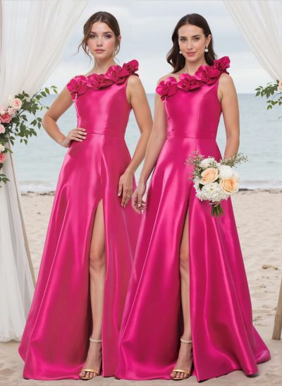 Classy Flower(s) One-Shoulder High Split A-Line Satin Bridesmaid Dresses