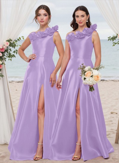 Classy Flower(s) One-Shoulder High Split A-Line Satin Bridesmaid Dresses