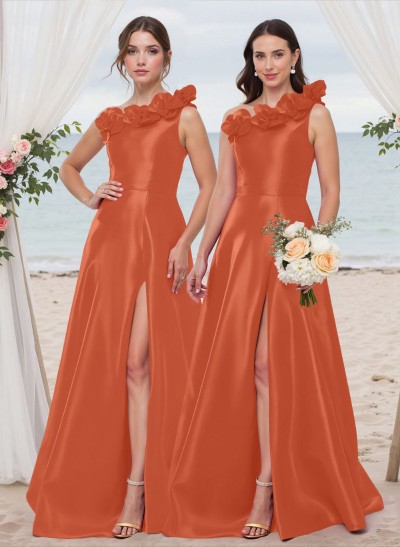 Classy Flower(s) One-Shoulder High Split A-Line Satin Bridesmaid Dresses