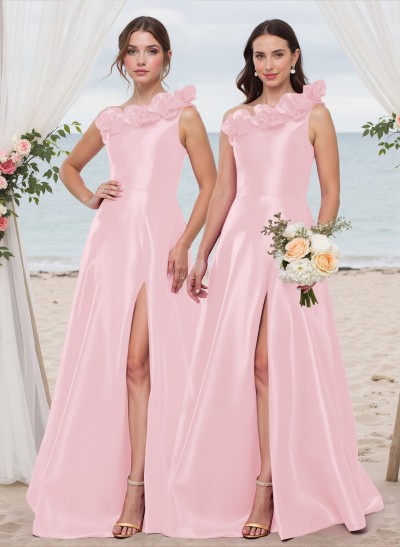 Classy Flower(s) One-Shoulder High Split A-Line Satin Bridesmaid Dresses