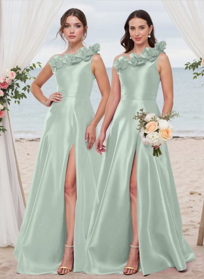 Classy Flower(s) One-Shoulder High Split A-Line Satin Bridesmaid Dresses