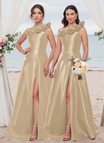 Classy Flower(s) One-Shoulder High Split A-Line Satin Bridesmaid Dresses