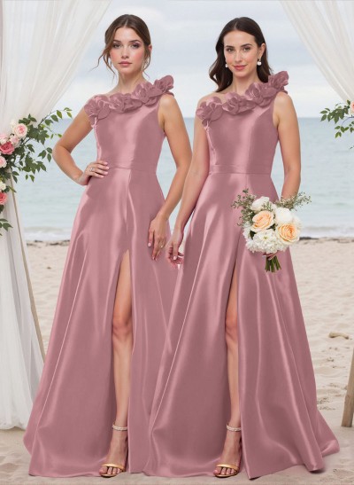 Classy Flower(s) One-Shoulder High Split A-Line Satin Bridesmaid Dresses