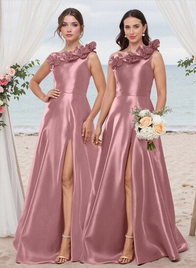 Classy Flower(s) One-Shoulder High Split A-Line Satin Bridesmaid Dresses