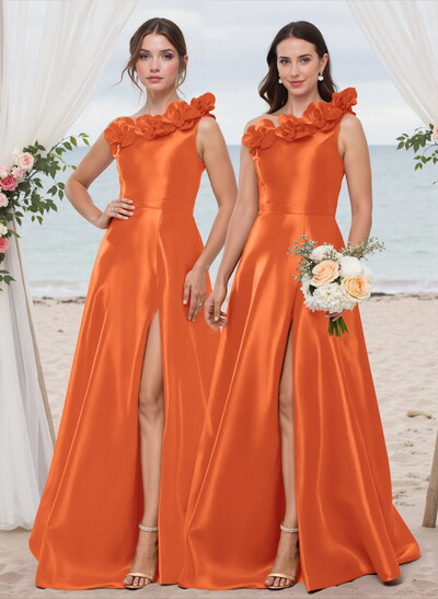 Classy Flower(s) One-Shoulder High Split A-Line Satin Bridesmaid Dresses