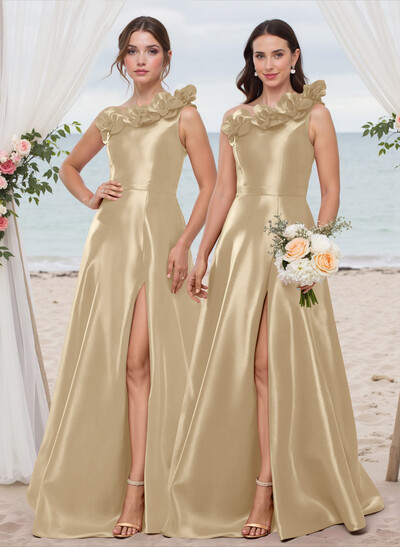 Classy Flower(s) One-Shoulder High Split A-Line Satin Bridesmaid Dresses