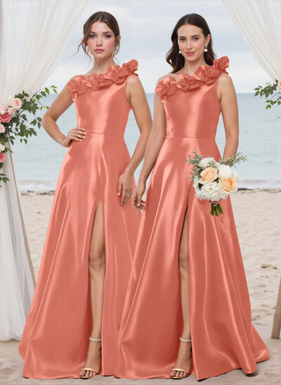 Classy Flower(s) One-Shoulder High Split A-Line Satin Bridesmaid Dresses