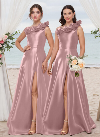 Classy Flower(s) One-Shoulder High Split A-Line Satin Bridesmaid Dresses