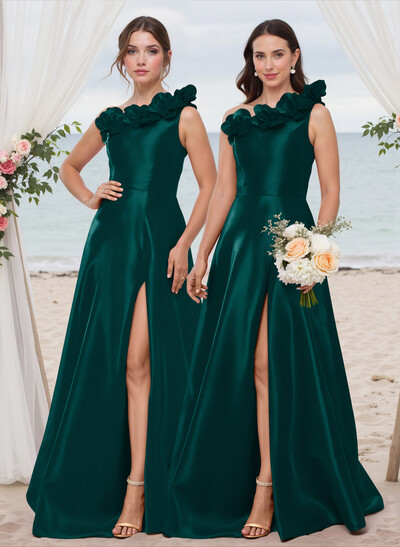 Classy Flower(s) One-Shoulder High Split A-Line Satin Bridesmaid Dresses