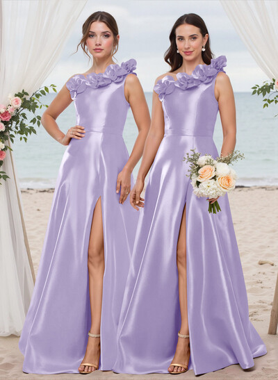 Classy Flower(s) One-Shoulder High Split A-Line Satin Bridesmaid Dresses