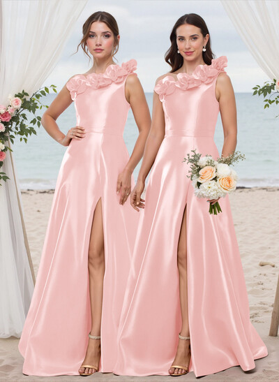 Classy Flower(s) One-Shoulder High Split A-Line Satin Bridesmaid Dresses