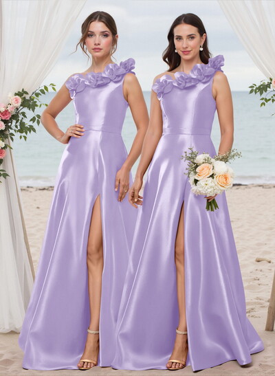 Classy Flower(s) One-Shoulder High Split A-Line Satin Bridesmaid Dresses