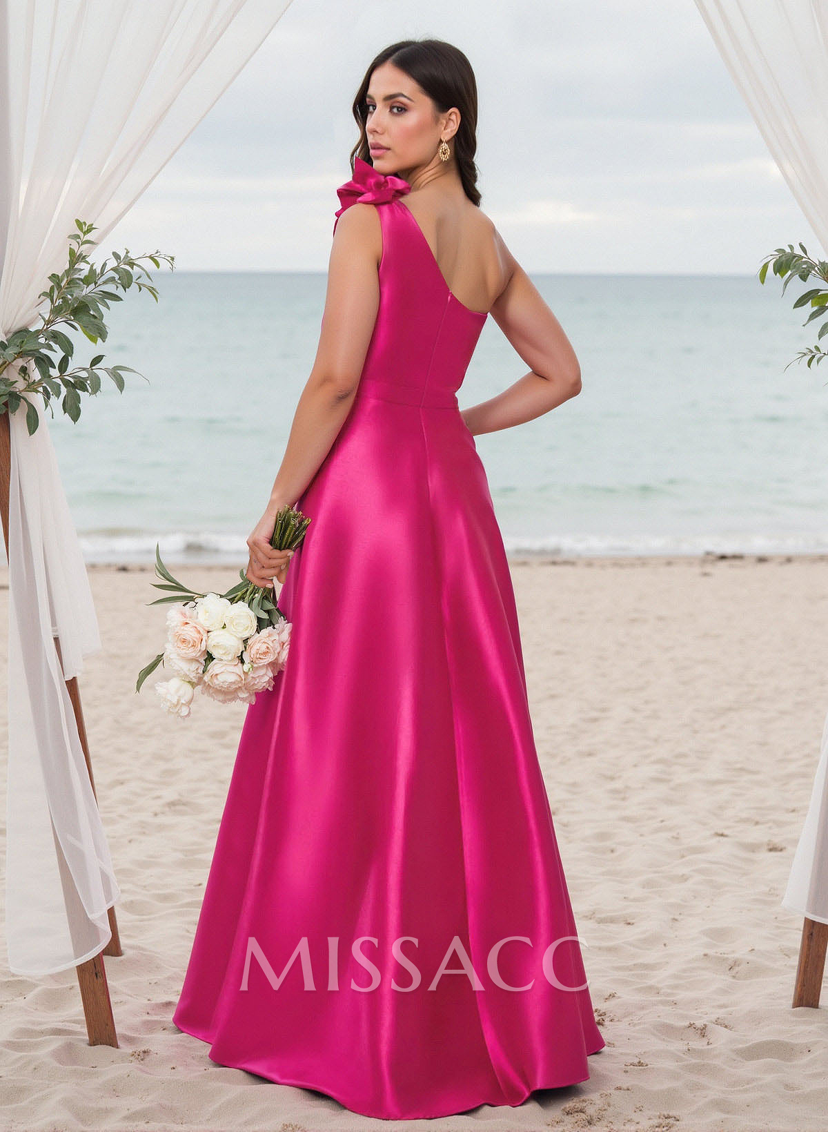 Classy Flower(s) One-Shoulder High Split A-Line Satin Bridesmaid Dresses