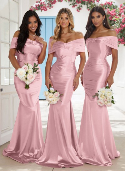 Classic Trumpet Bow Shaped Off-The-Shoulder Silk Like Satin Bridesmaid Dresses