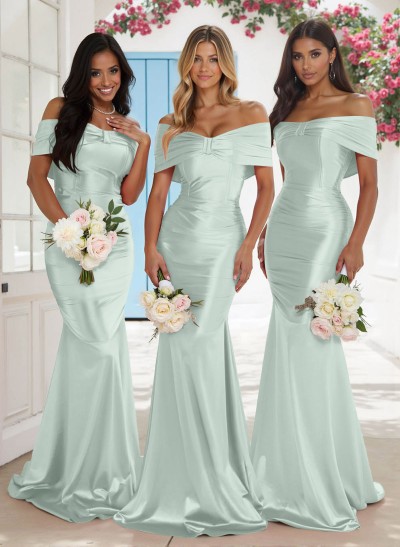 Classic Trumpet Bow Shaped Off-The-Shoulder Silk Like Satin Bridesmaid Dresses
