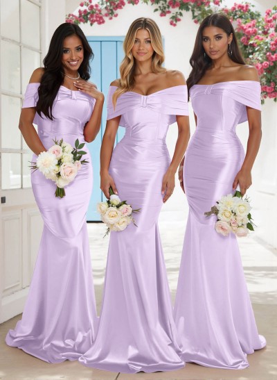 Classic Trumpet Bow Shaped Off-The-Shoulder Silk Like Satin Bridesmaid Dresses