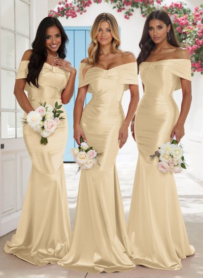 Classic Trumpet Bow Shaped Off-The-Shoulder Silk Like Satin Bridesmaid Dresses