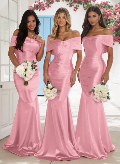 Classic Trumpet Bow Shaped Off-The-Shoulder Silk Like Satin Bridesmaid Dresses