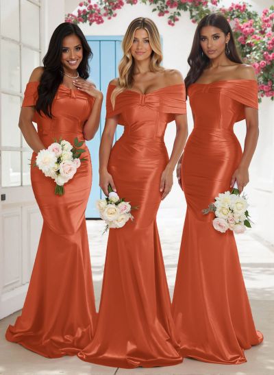 Classic Trumpet Bow Shaped Off-The-Shoulder Silk Like Satin Bridesmaid Dresses