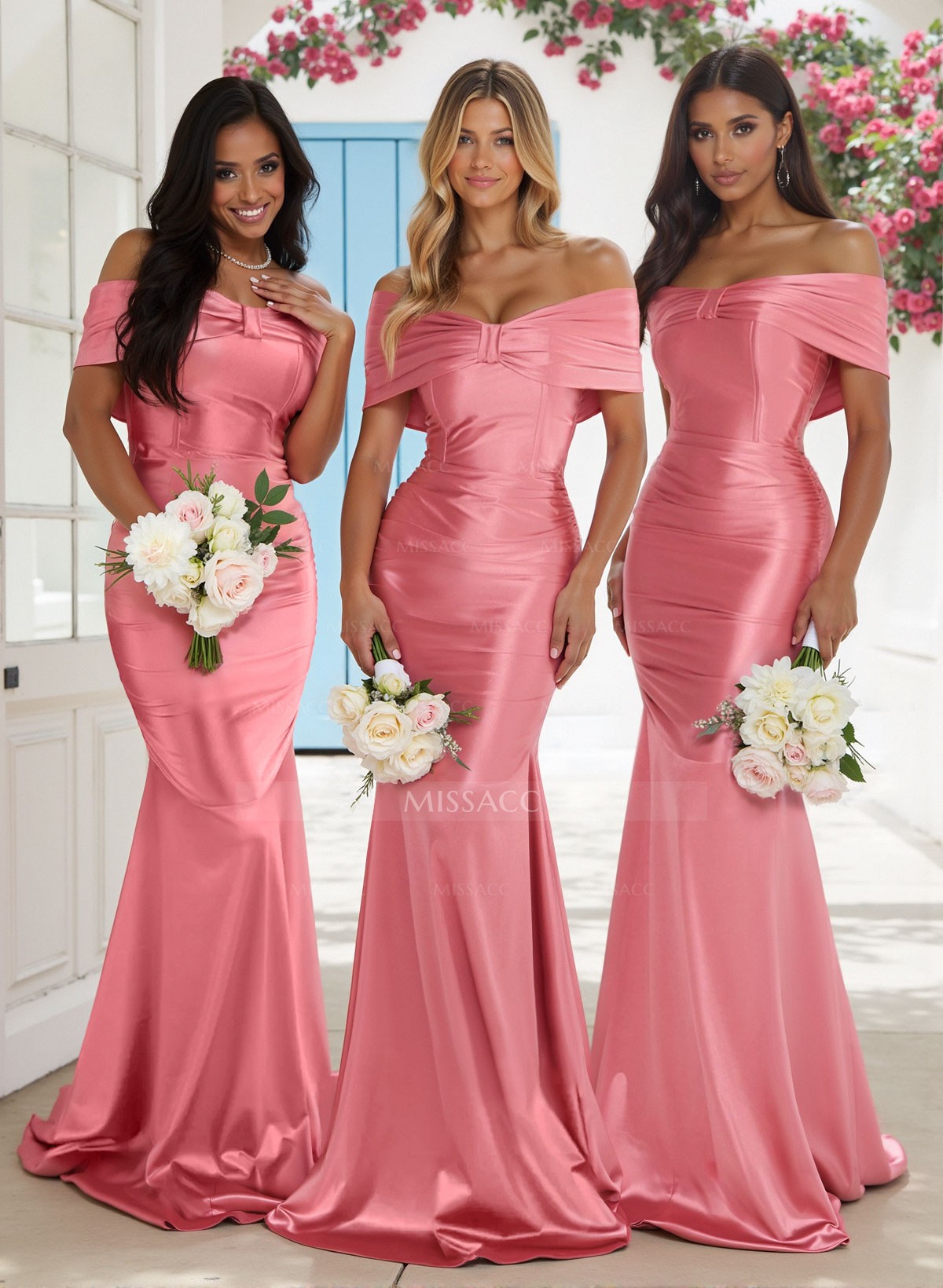 Classic Trumpet Bow Shaped Off-The-Shoulder Silk Like Satin Bridesmaid Dresses